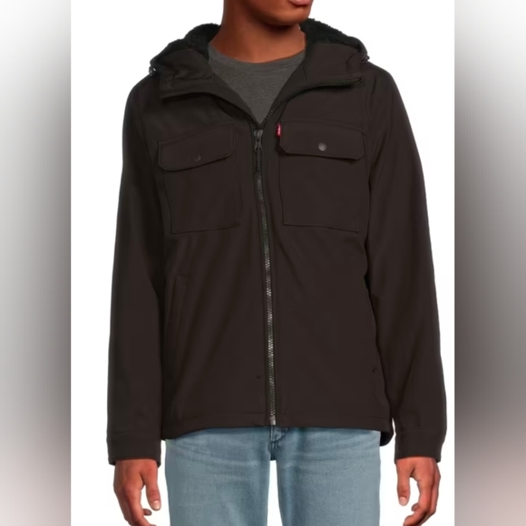 Levi's Size MD Or LG Men's Work Stormshell Faux Fur-Lined Hooded Jacket Black